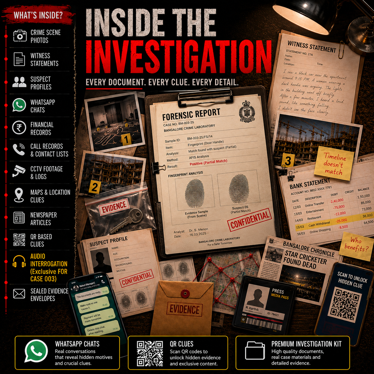 Inside the investigation: forensic reports, witness statements, WhatsApp chats, bank statements and QR clues from the murder mystery kits