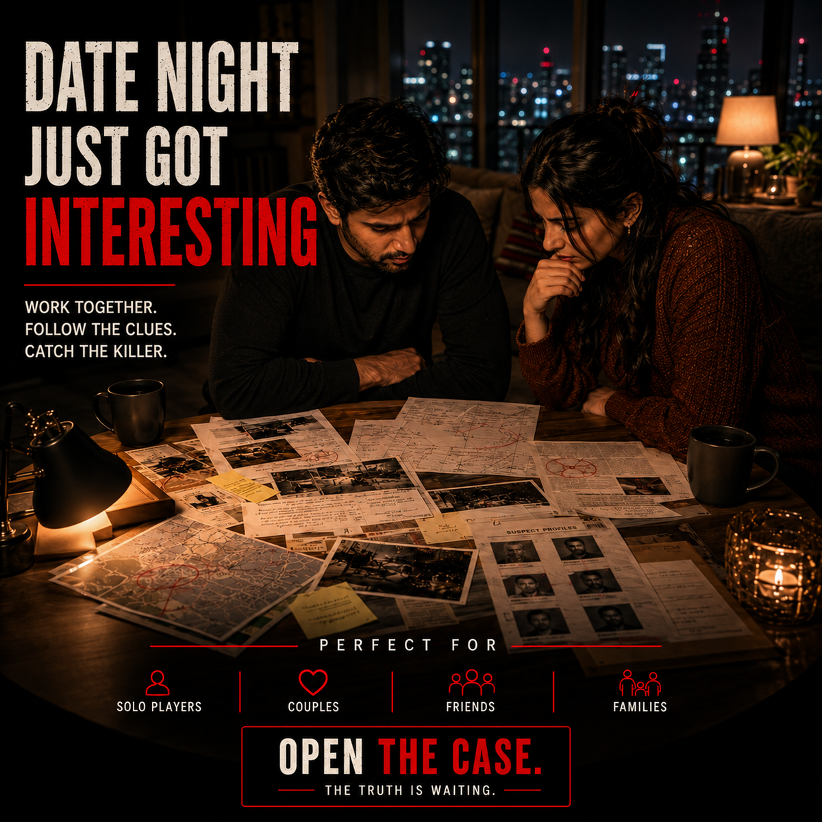 Couple solving a CrimeKit murder mystery at home on date night